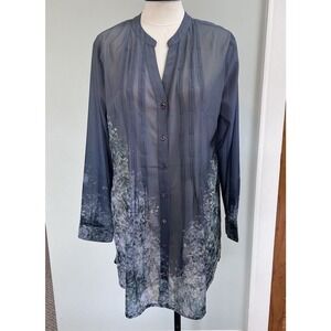 Soft Surroundings Top Womens Gray Green Sheer Roll Tab Sleeve MED Oversized